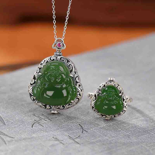 Buddha Energy Necklace 925 Sterling Silver Natural Hetian Cyan Jade Laughing Buddha Auspicious Clouds Success Necklace Pendant Ring Set