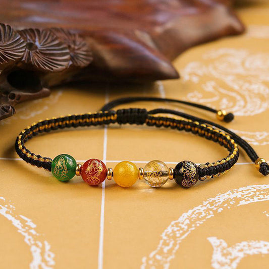 Ancient Tibetan Buddhist Red String Tradition  Five Directions Gods of Wealth Agate Handmade Protection String Braid Bracelet