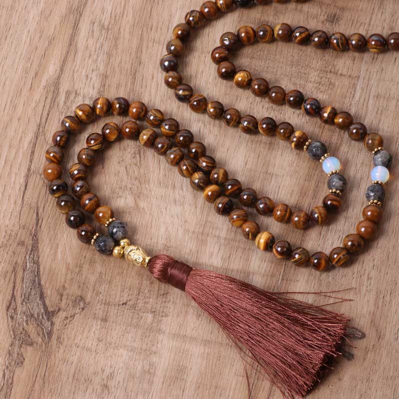 Buddha Energy Necklace Tibetan Tiger Eye Buddha Strength Power Beaded Tassel Pendant Necklace