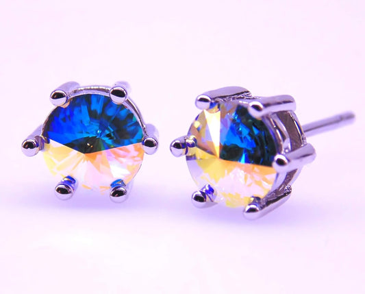 062 6mm White Gold Plated 925 Sterling Silver Plt,Imported AB Colorful Crystal Stone,Earring Stud with Gift Box,Men Women