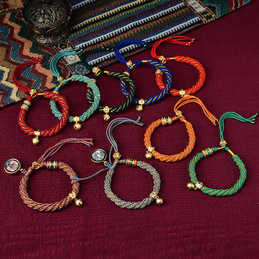 Ancient Tibetan Buddhist Red String Tradition  Tibetan Handmade Luck Protection Thangka Prayer Wheel Bell Charm Braid String Bracelet