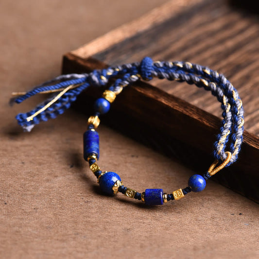 Ancient Tibetan Buddhist Red String Tradition  Handmade Natural Lazurite Bead Positive Rope Bracelet