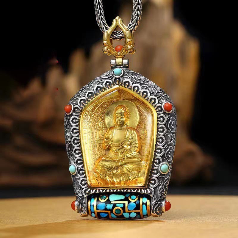 Buddha Energy Necklace Tibet Chinese Zodiac Natal Buddha Thangka Prosperity Rotatable Dzi Bead Necklace Pendant