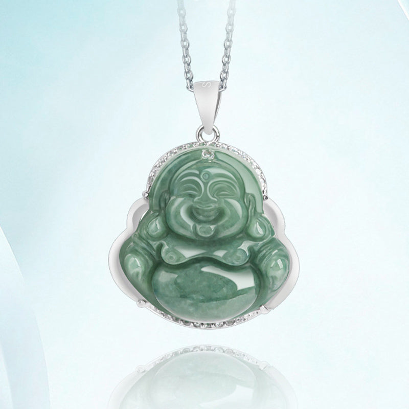 Jade  925 Sterling Silver Laughing Buddha Jade Abundance Necklace Chain Pendant