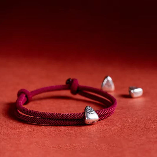 Ancient Tibetan Buddhist Red String Tradition  925 Sterling Silver Fu Character Blessing Handmade Braided Bracelet