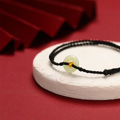 Jade  999 Gold Bead Round Peace Buckle Hetian Jade Luck Abundance Braided Bracelet Anklet