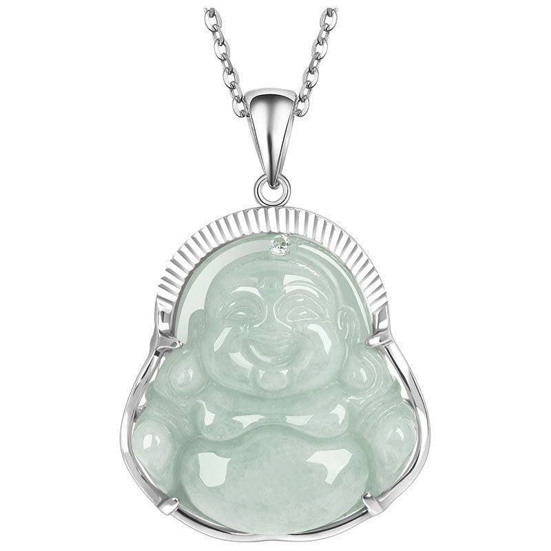 Jade  925 Sterling Silver Laughing Buddha Jade Luck Calm Necklace Chain Pendant