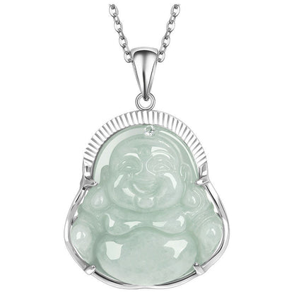 Jade  925 Sterling Silver Laughing Buddha Jade Luck Calm Necklace Chain Pendant