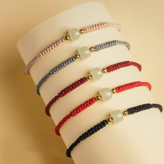 Ancient Tibetan Buddhist Red String Tradition  Handcrafted Jade Lucky Bead Abundance Braided Bracelet