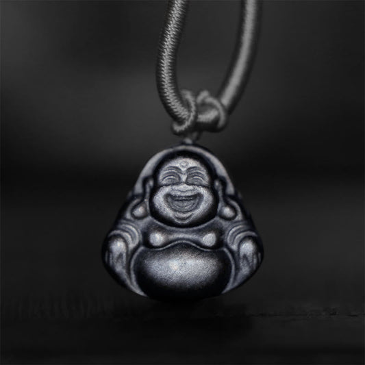 Buddha Energy Necklace Natural Silver Sheen Obsidian Laughing Buddha Protection Necklace Pendant