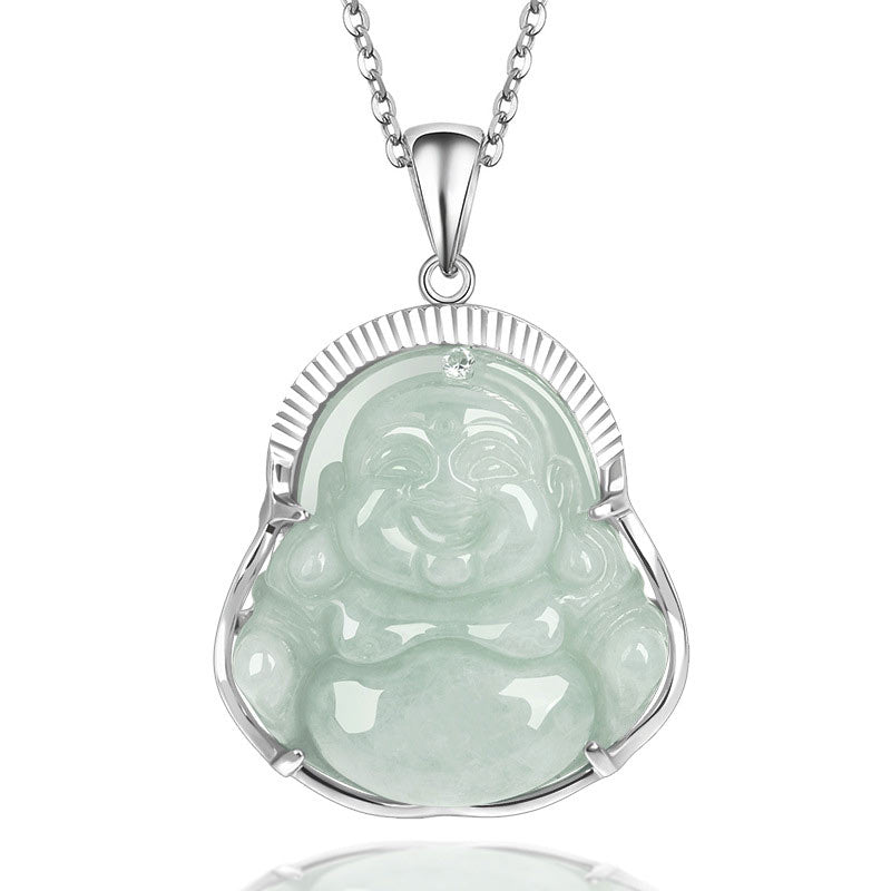 Jade  925 Sterling Silver Laughing Buddha Jade Luck Calm Necklace Chain Pendant