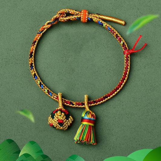 Ancient Tibetan Buddhist Red String Tradition  Colorful Rope Luck Handmade Zongzi Golden Ball Charm Bracelet