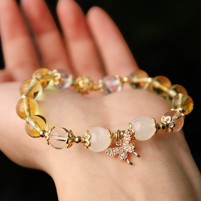 Golden Energy Citrine Wealth Solar Plexus Chakra (Third Chakra) Moonstone Butterfly Charm Prosperity Protection Bracelet