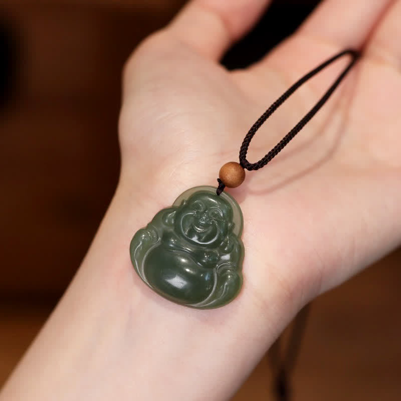 Spirituality Laughing Buddha Hetian Jade Healing Calm Necklace String Pendant