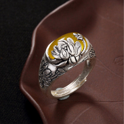 Golden Energy Citrine Silver Wealth Solar Plexus Chakra (Third Chakra) Lotus Blessing Protection Adjustable Ring