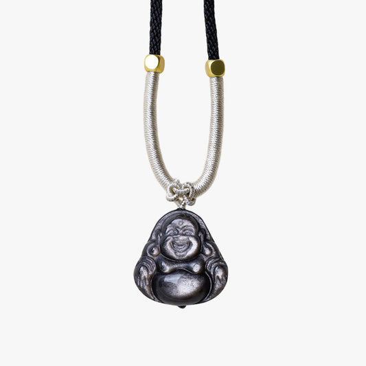 Spirituality Buddha Karma Natural Silver Sheen Obsidian Laughing Buddha Protection Necklace Pendant