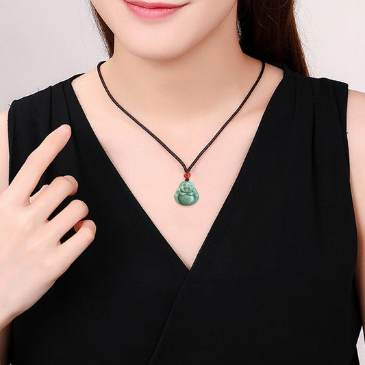 Jade  Laughing Buddha Cyan Jade Success Necklace String Pendant