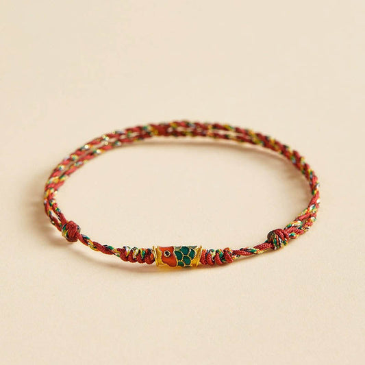 Ancient Tibetan Buddhist Red String Tradition  Handcrafted Koi Fish Wealth Prosperity Braided Rope Bracelet