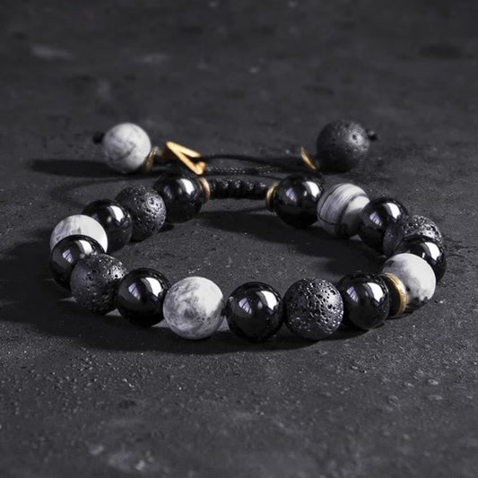 Spirituality Buddha Karma Black Obsidian Lava Rock Stone Yin Yang Strength Bracelet