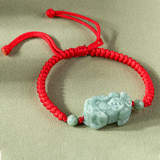 Ancient Tibetan Buddhist Red String Tradition  Handmade Natural Jade PiXiu Protection King Kong Knot Braided String Bracelet