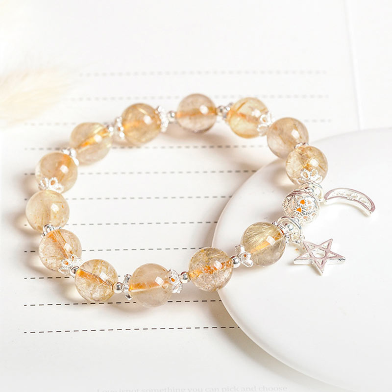 Golden Energy Citrine 925 Sterling Silver Natural Wealth Solar Plexus Chakra (Third Chakra) Happiness Moon Star Charm Bracelet
