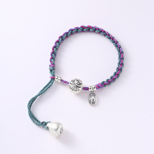 Ancient Tibetan Buddhist Red String Tradition  999 Sterling Silver Tibet Bodhidharma Lucky Fortune Fu Character Handmade Luck Braided Bracelet