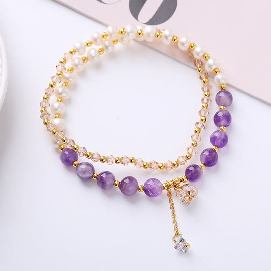 Natural Amethyst Aquamarine Strawberry Quartz Pearl Peace Healing Double Wrap Bracelet