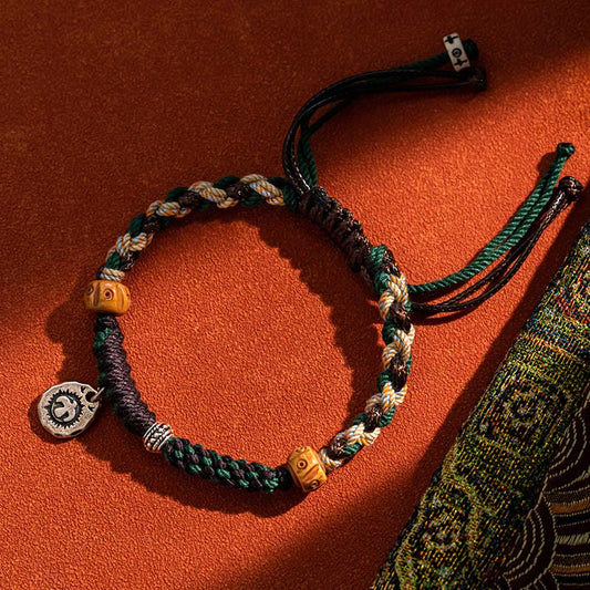 Ancient Tibetan Buddhist Red String Tradition  Tibetan Dzi Bead Agate Yak Bone Wealth Rope Bracelet