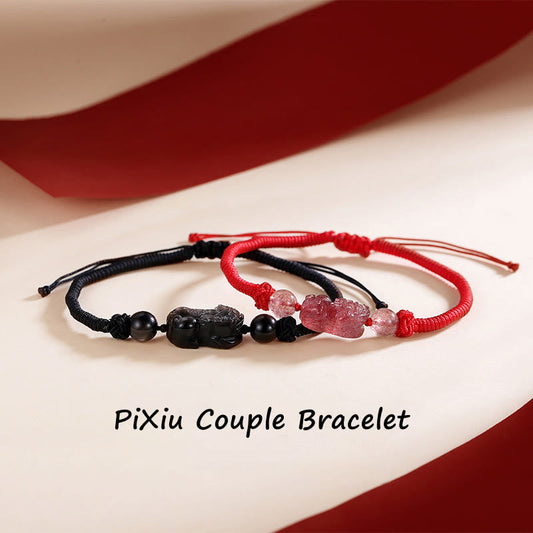 Ancient Tibetan Buddhist Red String Tradition  Handmade Natural Silver Sheen Obsidian Strawberry Quartz PiXiu Protection Braided Bracelet