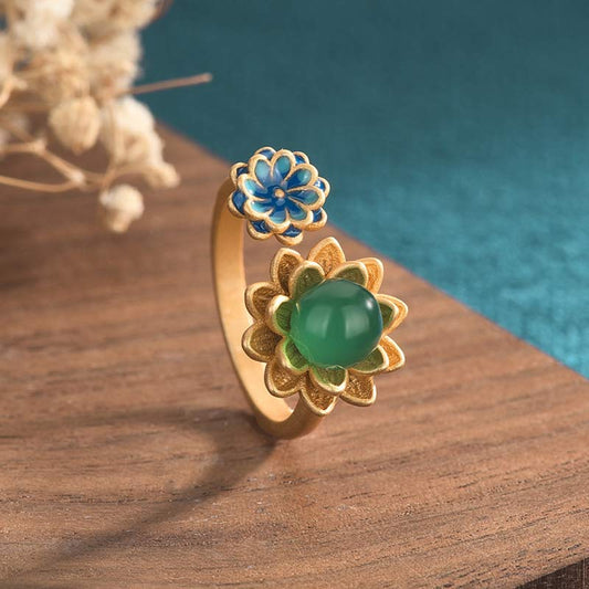 Jade  Lotus Pattern Jade Abundance Adjustable Ring