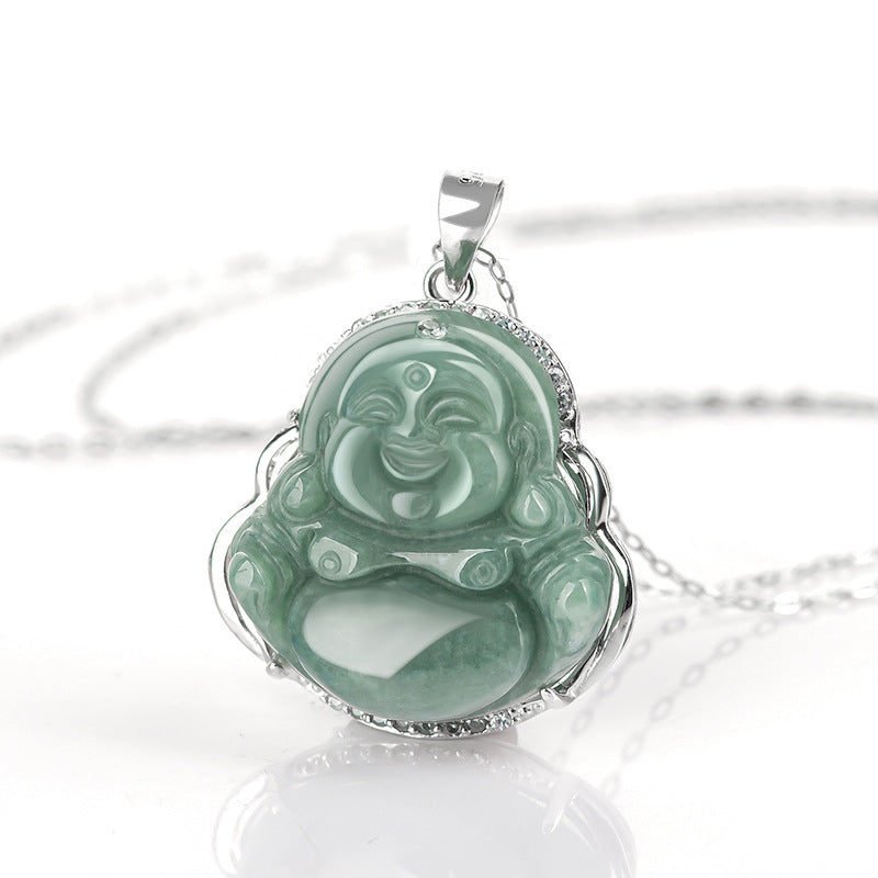 Jade  925 Sterling Silver Laughing Buddha Jade Abundance Necklace Chain Pendant