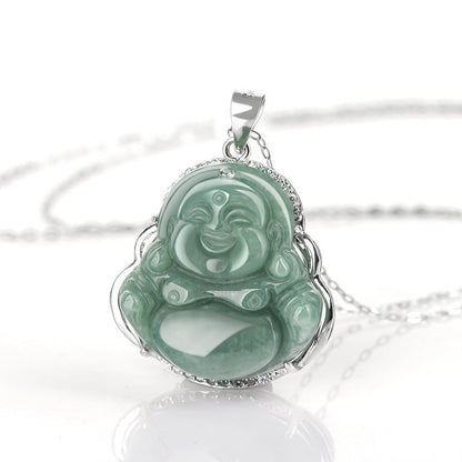 Jade  925 Sterling Silver Laughing Buddha Jade Abundance Necklace Chain Pendant