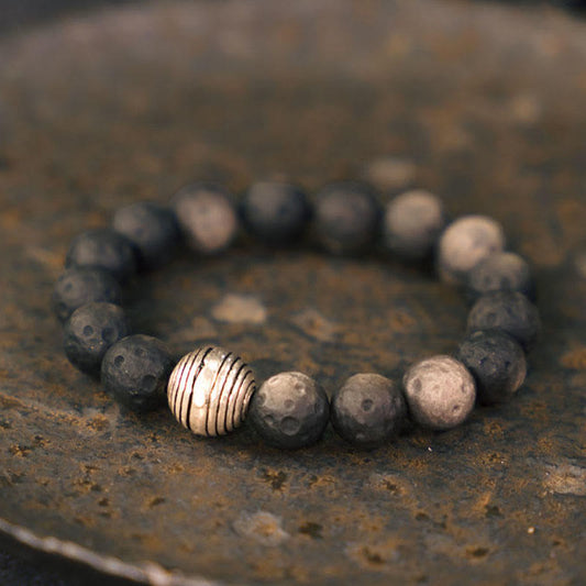 Spirituality Buddha Karma Natural Silver Sheen Obsidian Lunar Meteorite Protection Bracelet