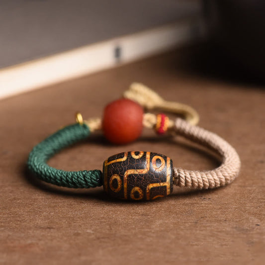 Ancient Tibetan Buddhist Red String Tradition  Handmade Tibetan Nine-Eye Dzi Bead Wealth Rope Bracelet