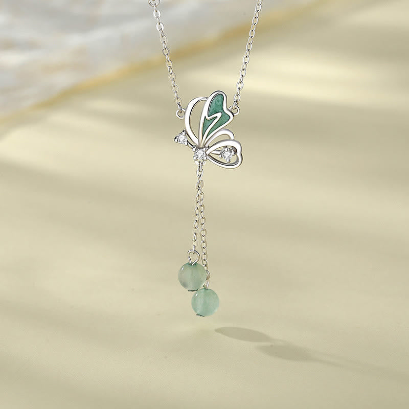 Spirituality Buddha Karma 925 Sterling Silver Natural Green Aventurine Butterfly Luck Necklace Pendant Earrings Set