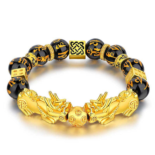 Spirituality Buddha Karma FengShui Double PiXiu Obsidian Om Mani Padme Hum Wealth Bracelet