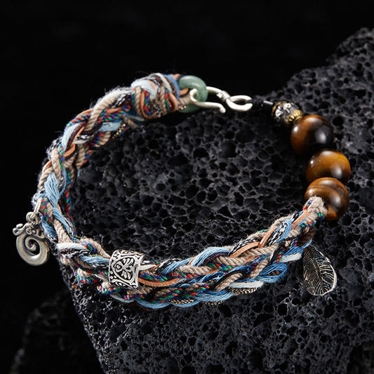 Ancient Tibetan Buddhist Red String Tradition  925 Sterling Silver Tiger's Eye Colorful Cotton Rope Handmade Willpower Bracelet