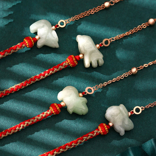 Jade  925 Sterling Silver Year of the Dragon Chinese Zodiac Jade Luck String Chain Bracelet