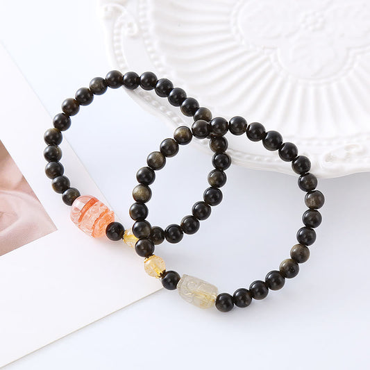 Spirituality Buddha Karma Natural Gold Sheen Obsidian PiXiu Wealth Protection Bracelet