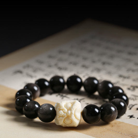 Spirituality Buddha Karma Silver Sheen Obsidian Bodhi Seed Ivory Fruit Dancing Lion Protection Bracelet