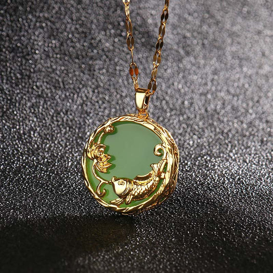 Jade  Natural Jade Koi Fish Lotus Luck Necklace Pendant