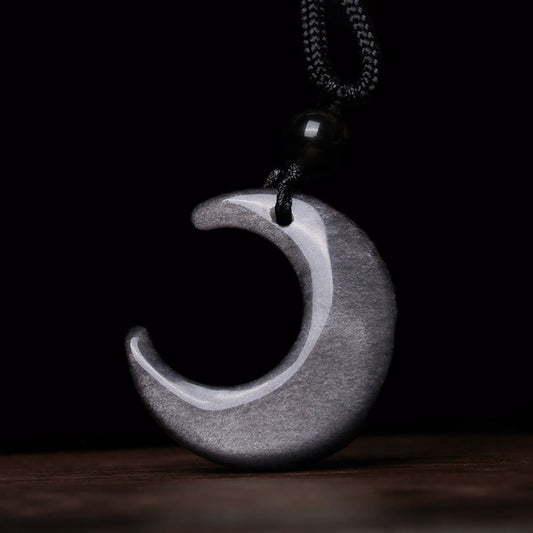 Spirituality Buddha Karma Natural Silver Sheen Obsidian Selenite Crystal Crescent Moon Yin Yang Couple Protection Necklace Pendant