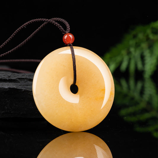 Jade  Round Golden Silk Jade Peace Buckle Wealth Pendant Necklace