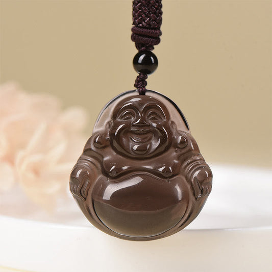 Spirituality Natural Black Obsidian Ice Obsidian Laughing Buddha Purification Necklace Pendant