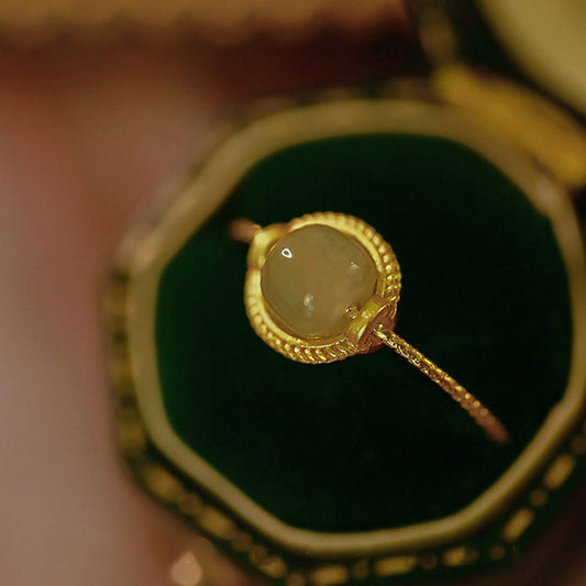 Jade  14K Gold Plated Round Jade Luck Prosperity Adjustable Ring