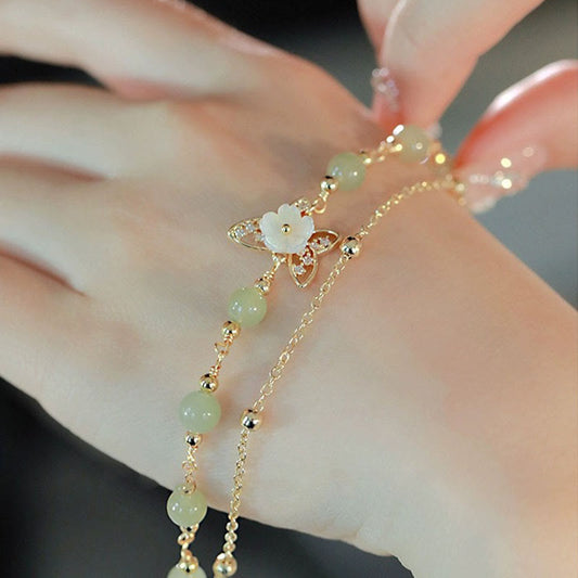 Jade  14K Gold Plated Jade Butterfly Tridacna Stone Flower Double Layer Luck Bracelet