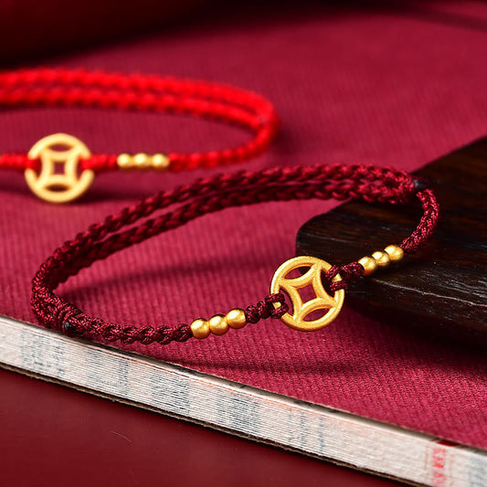 Ancient Tibetan Buddhist Red String Tradition  Copper Coin Strength Braided String Bracelet Anklet