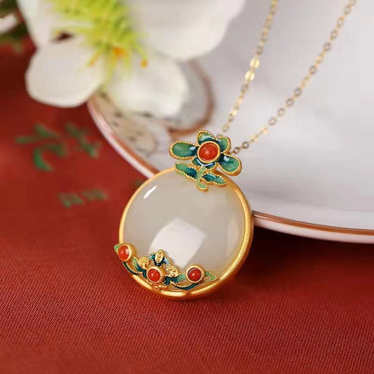 Jade  White Jade Red Agate Flower Blessing Luck Necklace Pendant