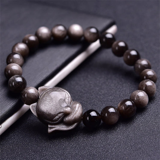 Spirituality Buddha Karma Natural Silver Sheen Obsidian Fox Protection Bracelet