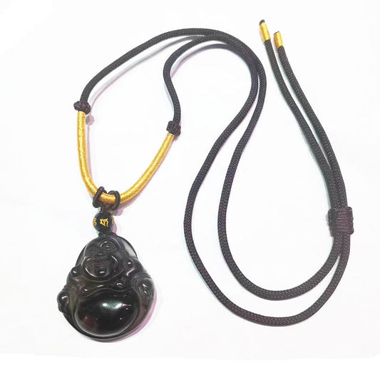 Spirituality Buddha Karma Natural Black Obsidian Ice Obsidian Laughing Buddha Purification Necklace Pendant